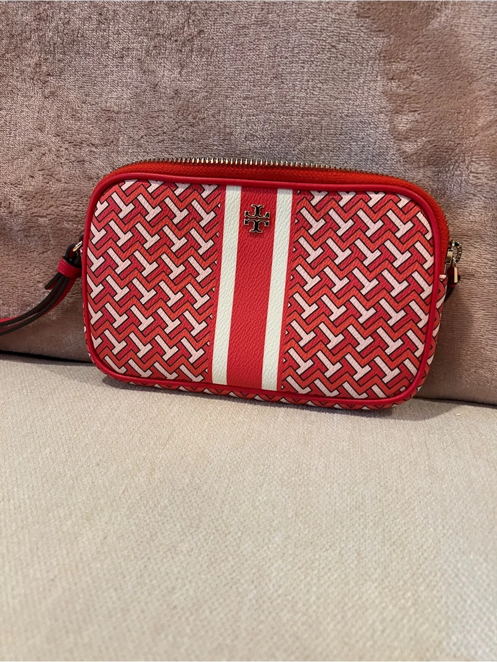 Tory Burch Redish orange and White Patterned wristlet